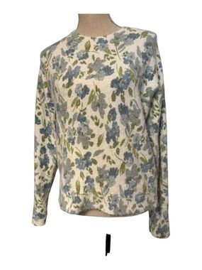 JOIE SWEATER CREWNECK WHITE BLUE GREEN FLORAL LONG SLEEVE BOXY FIT Size XS